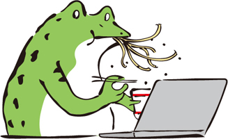 PCの前でラーメン食べるカエル